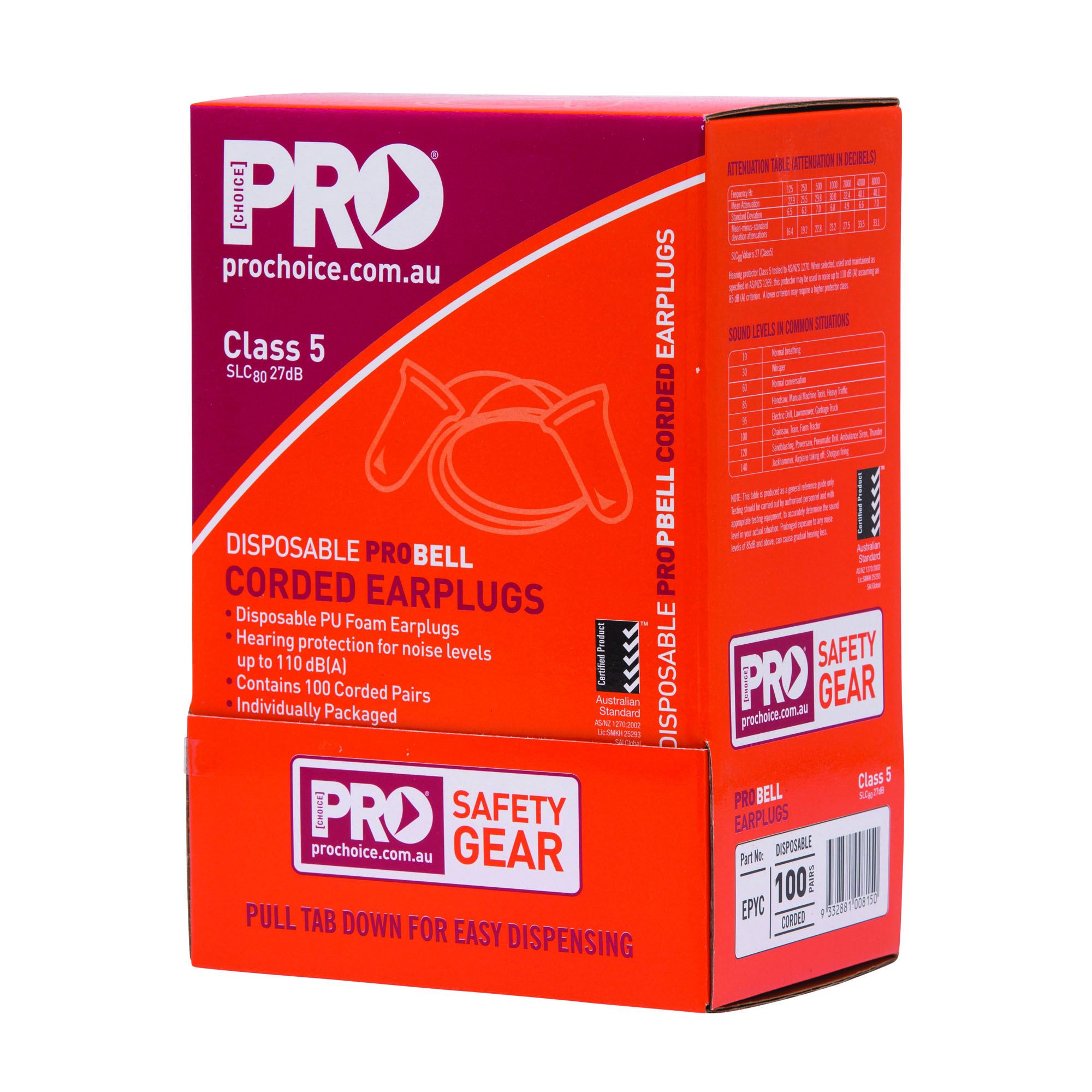 Pro Choice Safety Gear Probell Disposable Corded Earplugs Corded