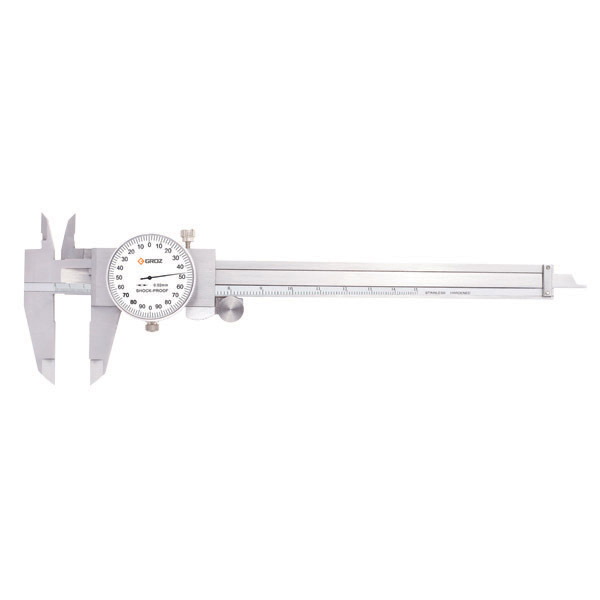 DLC/300 GROZ DIAL CALIPER, METRIC 0-300MM, 0.02MM, WHITE FACE, RANGE PER REVOLUTION:2MM, WITH THUMB WHEEL