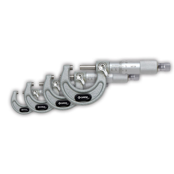MM/0-1/ST4 GROZ OUTSIDE MICROMETER SET, 4 PIECE, 0 - 4, 0.0001, RATCHET STOP, PAINTED FRAME