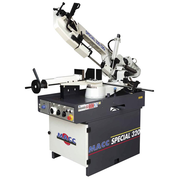 MACC BANDSAW, 230MM CAP,  SWIVEL HEAD, RH MITRE, 2 SPEED 415V 3PH, HYD DOWNFEED