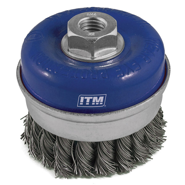 ITM TWIST KNOT CUP BRUSH STAINLESS STEEL 75MM WITH BAND, MULTI THREAD