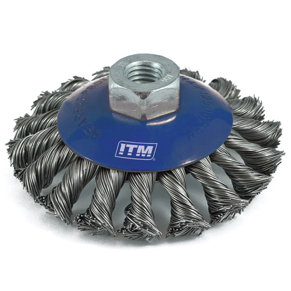 ITM TWIST KNOT BEVEL BRUSH STEEL 125MM, M14X2MM THREAD