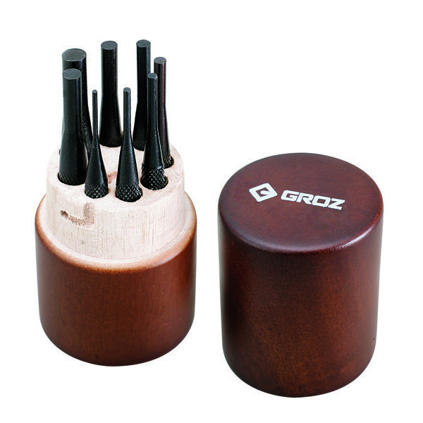 PP/8/WD/ST GROZ PIN PUNCH SET, IN ROUND WOODEN CASE, 100MM OAL, 8 PCE