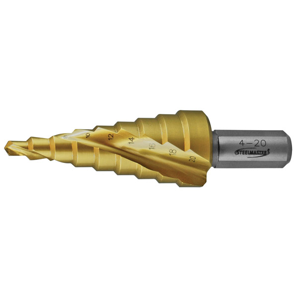 HOLEMAKER STEP DRILL SPIRAL FLUTE, 9 STEPS, 3MM STEP LENGTH, 4-20MM