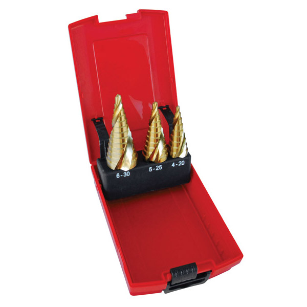 HOLEMAKER SPIRAL FLUTE STEP DRILL SET, 3 PIECE, 4-20MM / 5-25MM / 6-30MM